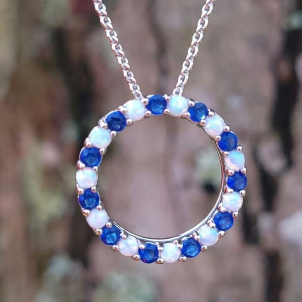 Created Opal And Sapphire Circle Pendant Necklace 18 inches Sterling Silver
